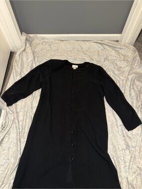 VTG Julian Wilder Black Beaded Neck Duster Dress Midi 12 Satin Buttons 90s